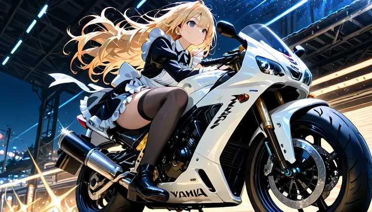 (((Best quality, 8k, Masterpiece: 1.3)), ((best quality)), ((masterpiece)), (detailed), perfect face, detailed face. detailed eyes, A maid girl, blonde hair, long hair, messy hair, ray tracing, sparkle, A maid costume with frills, high resolution, Textured...