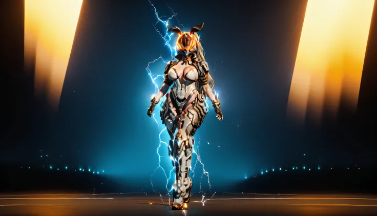(Obra prima),(Full body portrait),( resolution 4k),Bunny /(The first Descendat)\ (Pose: Sexy holding Mjolnir, She controls electricity, She runs faster than FLASH and her body her electricity all over the stage (Large Breasts),(Bubble butt).(Local: Cidade ...