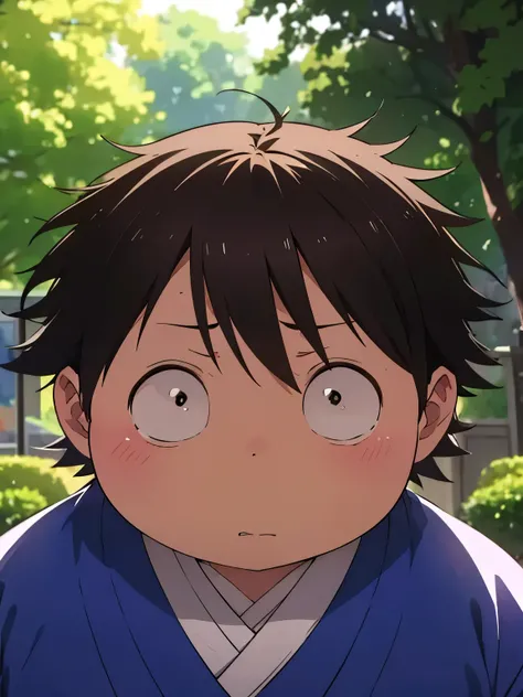 a painting portrait of boy wearing ((black kimono)) in manhwa style, [Haruyuki Arita] is a  boy from [Accel World] that has brown short hair in spiky hair style, ((black eyes)), overweight!! high definition, masterpiece, best quality, high detail, grain fi...