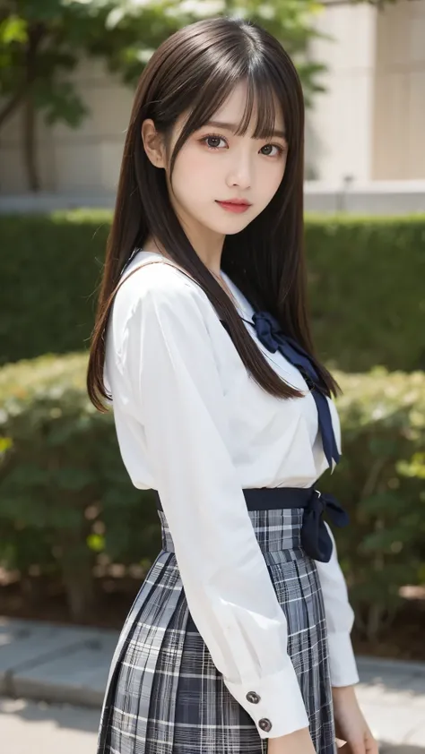  Japanese woman like an idol ,Long Hair , straight hair, Round face , bust up ,  sailor suit ,  as in the picture  ,  masterpiece, Best Quality,  1 girl, Nogizaka_ costume,  cowboy shot, Thighs,  beautiful girl, flower, 小さなflowerびらがたくさん, garden, Blue Sky, ...