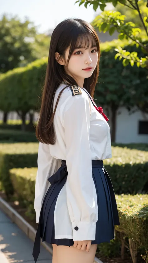  Japanese woman like an idol ,Long Hair , straight hair, Round face , bust up ,  sailor suit ,  as in the picture  ,  masterpiece, Best Quality,  1 girl, Nogizaka_ costume,  cowboy shot, Thighs,  beautiful girl, flower, 小さなflowerびらがたくさん, garden, Blue Sky, ...