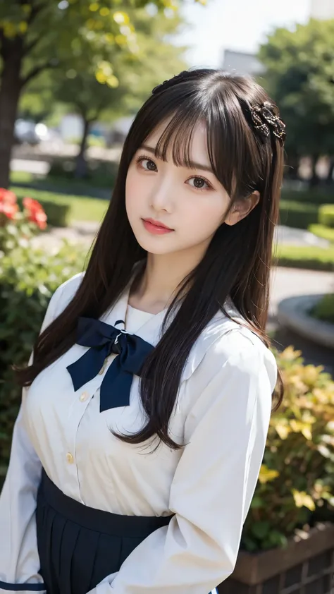  Japanese woman like an idol ,Long Hair , straight hair, Round face , bust up ,  sailor suit ,  as in the picture  ,  masterpiece, Best Quality,  1 girl, Nogizaka_ costume,  cowboy shot, Thighs,  beautiful girl, flower, 小さなflowerびらがたくさん, garden, Blue Sky, ...