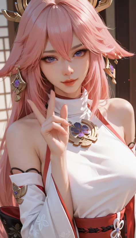 Yae Miko,Genshin Impact Game,(( detailed work )),best quality, detailed work ทุกส่วนของภาพ,Top image,The left and right fingers have five fingers., Perfect Picture ,(Fingers but finer), color scheme
