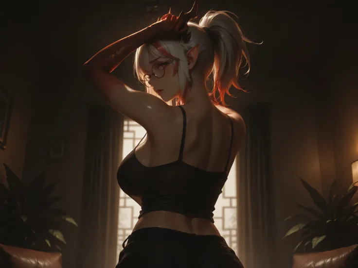 (NSFW:1.1). a realistic image, extremely sharp focus, crisp details, high resolution, low light, cinematic lighting, 4K, 8K. (correct anatomy and detailed hand). back view, low angle. a detailed, high quality rendering of Nian wears beautiful, detailed ro...