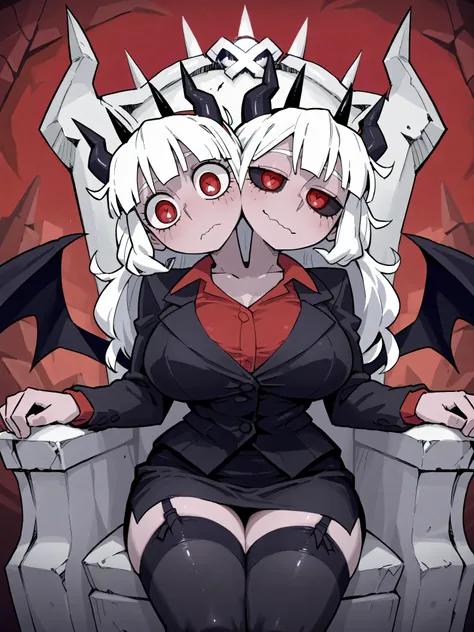 conjoined, 2girls, 2heads, two heads, a tall thin girls with 2 heads, white hair, black hair, short hair, long hair, red eyes, black sclera, black devil horns, large breasts, black suit, red shirt, black pencil Skirt, Garter Belt, black stockings, sitting,...