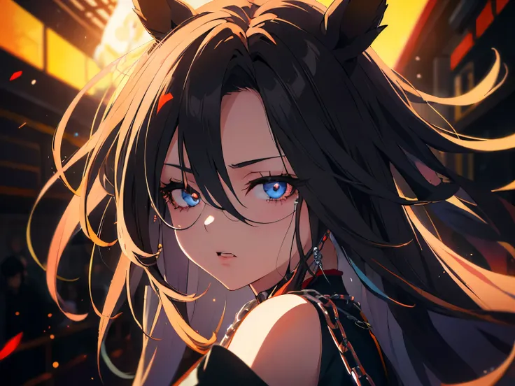 Anime, cowboy shot. Girl restrained by many chains, girl with horse ears, girl without ears, barefoot girl, desperate look, face distorted with fear, black space in darkness, fantastic light source, exquisite anime details, HDR, UHD, anime lighting, hyper-...