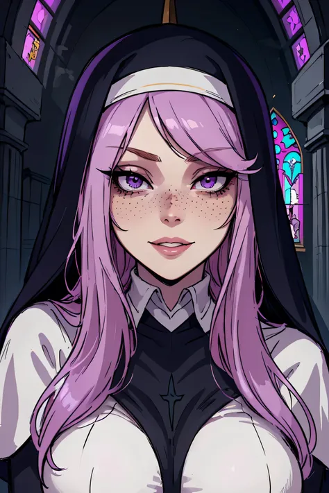 
Masterpiece, best quality, womanly, excited horny expression, portrait, nun, pale skin, happy eyes, purple eyes, inside a church, pink full lips, nun habit, freckles, lavender hair, dark gothic cathedral setting