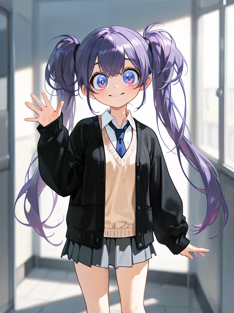 purple hair,twin tail,big eyes,school uniform,white shirt,navy blue necktie,beige vest,black cardigan,Grey Skirt,Smiling,Waving Here,Standing