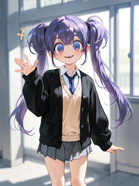 purple hair,twin tail,big eyes,school uniform,white shirt,navy blue necktie,beige vest,black cardigan,Grey Skirt,crouching, I'm fiddling with my phone