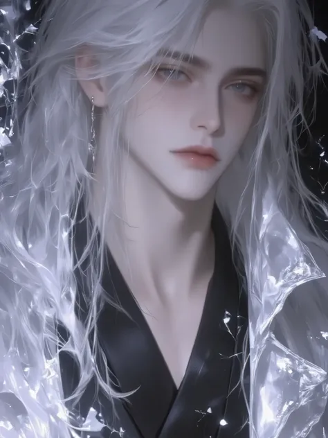 a handsome man with long hair antique black hair,a handsome man with long hair, an ancient brunette in a fairy-looking white Hanfu, traditional Chinese clothing , Double eyelids,Japanese Manga Style,white hanbok