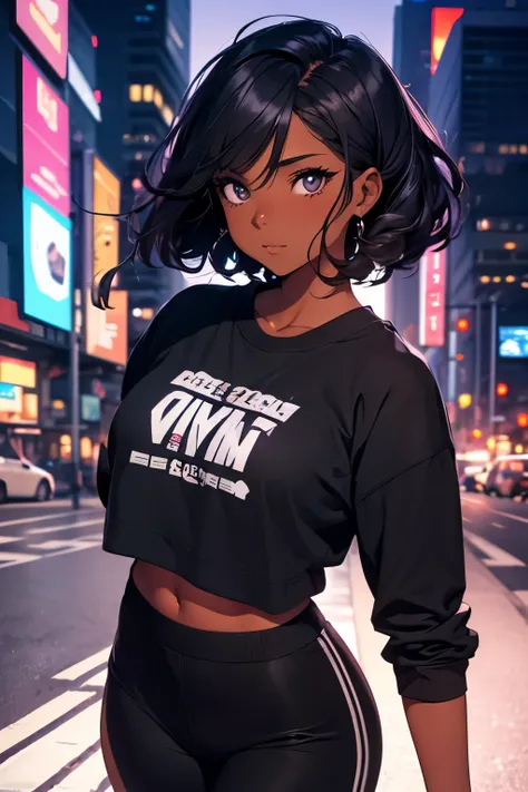 Dark-skinned adult anime woman, 29 anos, small and black hair, The frizzy hair shaved on the side, visto de cima  , series,com um rosto bonito , wearing a cropped black sweatshirt and black pants in a dark setting, cyberpunk ((viewer's point of view)) ((be...
