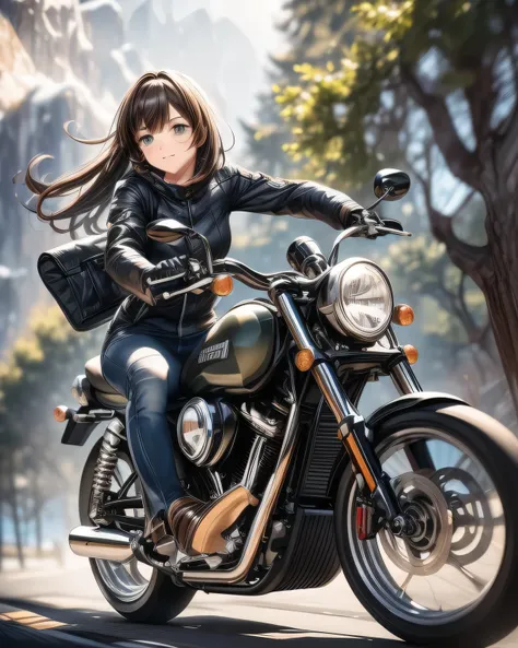 ((( Masterpiece:1.3, Best Quality, hight resolution, nffsw, Perfect Pixel,  4K, nffsw, nffsw))), 1girl in, Off-road motorcycle driving on spring country roads、18-year-old girl、jet helmet、((December scenery, white Christmas, softly falling snow, she drives ...