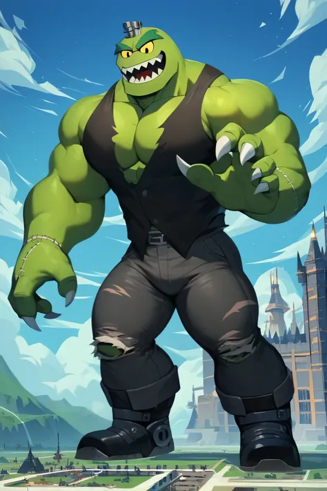 Score_9_up, score_8_up, score_7_up, 1boy, solo, bloo frankenstein monster, green skin, hands, long legs, big feets, nuts on the head, stitches on the body, scars, sharp teeths, black ripped vest, ripped pants, muscular body, ginomous biceps, enormous pecto...