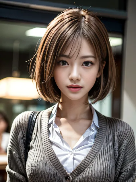 A beautiful young Japanese female office worker, model-like appearance, upper body shot, Attractive smile, Highly detailed face and skin texture, perfect face, Detailed eyes, droopy eyes, (natural makeup), glossy lips, hyper pretty face, (22 years old:1.3)...
