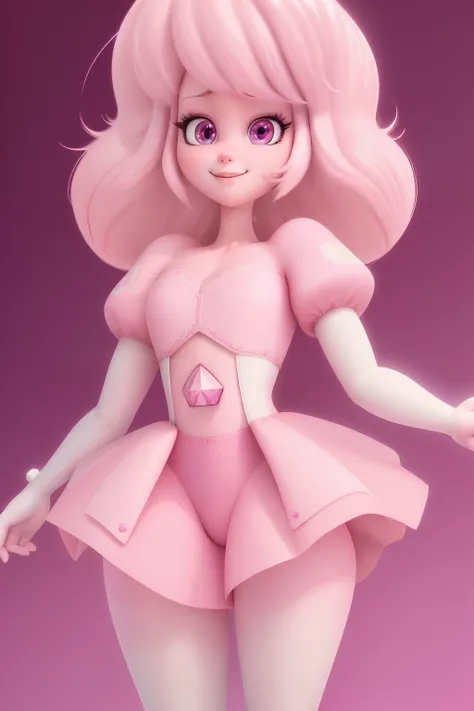 pnkdamond, pink hair, pink eyes,  big hair,  stomach gem,  pink skin,  toned, 
puffy short sleeves, elbow gloves ,  white thighhighs,   puffy dress, 
standing, upper body, 
 outerspace,  
(insanely detailed, beautiful detailed face,beautiful detailed eyes,...