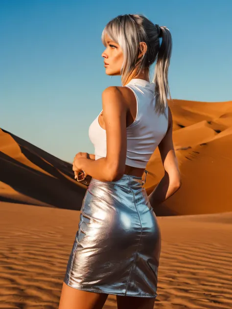 nsfw、Highest image quality、high resolution、woman standing in the desert、Gentle expressions、adult expression、((bluish silver hair))、semi-long hair、ponytail、A straight nose、blue see-through camisole、 black leather tight skirt、shiny mini skirt、white leather s...