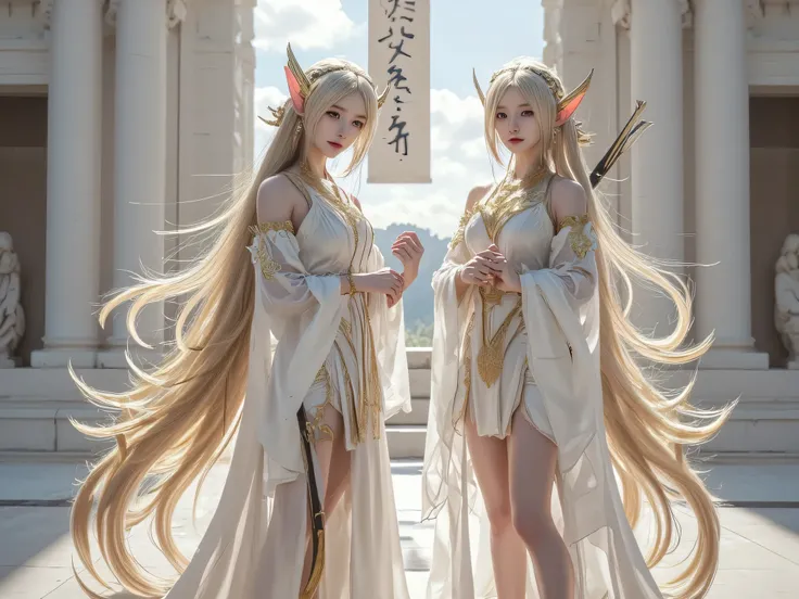 Very beautiful, , two golden-haired elf servants behind them are standing talking to each other., Holding Magic Wands , Golden Long Hair, Long straight hairstyle, Long ears , tribal elves, wearing gold clothespins, Wearing a white antique Chinese dress, a...