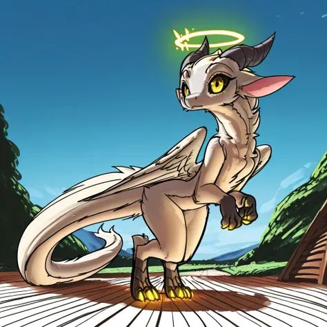 [Furred Dragon - Trendy] [Model-Test*] - by kluclew, by feretta, 2.2d, sketch, darkroom, wooden_floor, glow_stars, hallucinating, solo, female, dragon, chibi, furred_dragon, angel_wings feathered_glow super_fluffy, dragon tail, scales_belly, black digitigr...