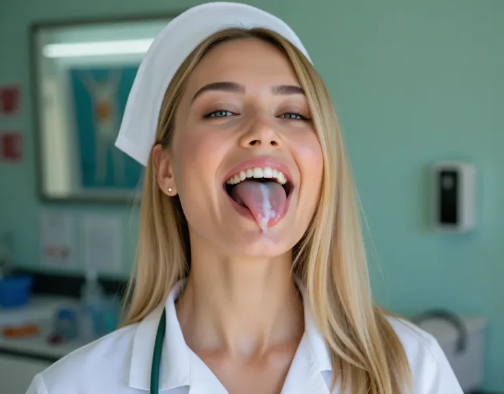  american supermodel, dressed like nurse in a sunny hospital room, ((supermodel face)), (((perfect white teeth))), looking at the viewer , cum on her face, extended tongue, wet tongue, glossy tongue, saliva, cum dripping from tongue , white cum, (((full bo...