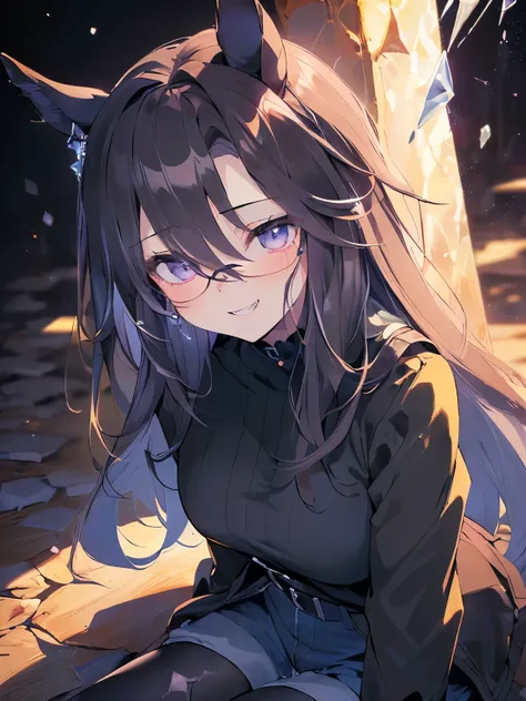 (Dark background, Solo, Girl, Horse ears, No ears, Ears covered, Big breasts, Black hair, Very long hair. Dark purple eyes. Blushed cheeks, Arms folded behind head. Sitting free, looking up with fangs bared, smiling savagely. Casual clothing, Black pantyho...