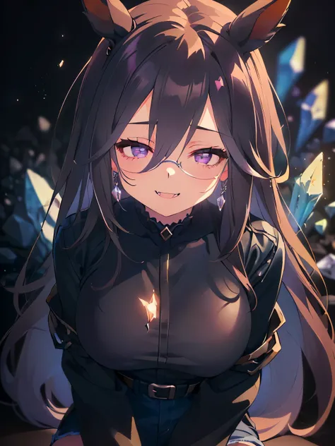 (Dark background, Solo, Girl, Horse ears, No ears, Ears covered, Big breasts, Black hair, Very long hair. Dark purple eyes. Blushed cheeks, Arms folded behind head. Sitting free, looking up with fangs bared, smiling savagely. Casual clothing, Black pantyho...