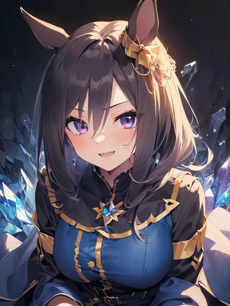 (Dark background, Solo, Girl, Horse ears, No ears, Ears covered, Big breasts, Black hair, Very long hair. Dark purple eyes. Blushed cheeks, Arms folded behind head. Sitting free, looking up with fangs bared, smiling savagely. Casual clothing, Black pantyho...