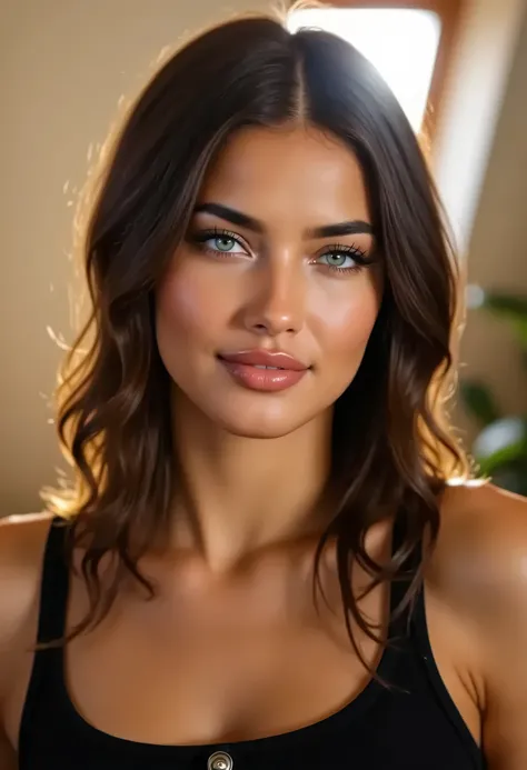 professional photographic shot of a beautiful woman, she has slightly wavy long dark hair, her green eyes shining with reflection of light, she sitting on attic, sunshine comes inside from single square window, she smiling to the viewer, slightly tilted he...