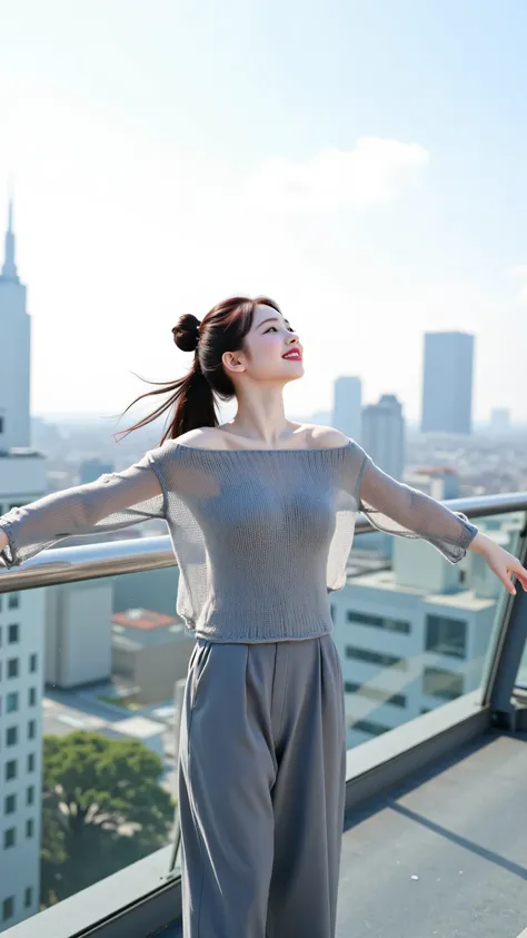 8k, Masterpiece, Top Quality, beautiful Korean woman, clear skin, sleek high bun updo, allowing movement, lightweight grey fine-knit off-shoulder sweater, stylish wide-leg trousers, arms outstretched wide, embracing wind, looking up towards skyline, feelin...