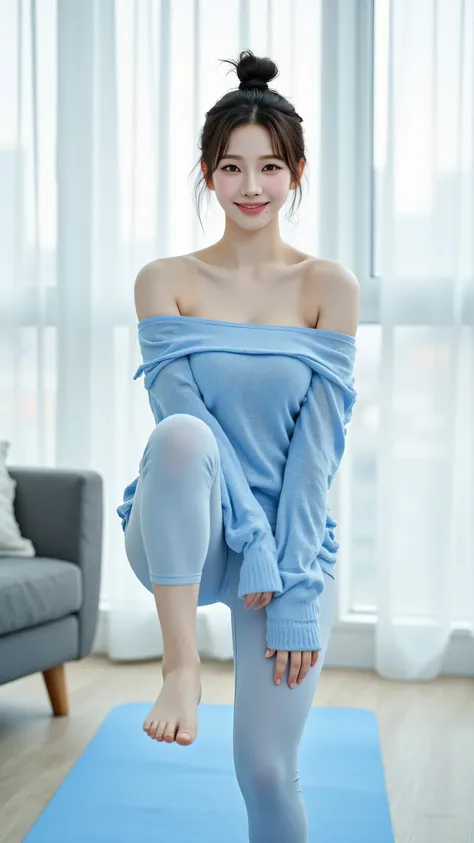 8k, Masterpiece, Top Quality, beautiful Korean woman, clear skin, simple secure top knot updo, soft pastel blue breathable off-shoulder sweater, comfortable yoga pants, mid-cardio move, e.g. high knees, energetic fitness pose, smiling with effort, motivate...
