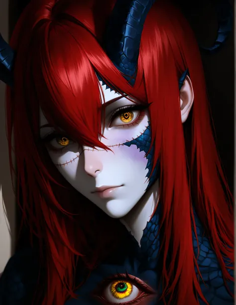 horror creature, inhuman, horns, scales, long hair, huge body, scars, stitches, pale skin, sick, eyebags, colorful eyes, multiple eyeballs on skin, dark, masterpiece, best quality, high quality, best resolution, 8k, newest,(semi_realistic_art_style, unique...