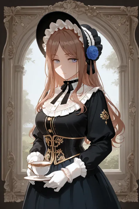 one girl,Mygo,nagasaki soyo, long hair,masterpiece, best quality, Amazing quality , Very aesthetic, high resolution, super details, soft,  color, absurd, Latest Stunning, Half Body, Fine face , Beautiful Face,  Long skirt with corset, crinoline, Wear glove...