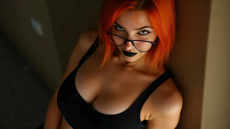 Incredibly realistic photo of a sexy wild girl with orange hair, beautiful eyes, pale skin, with an elegant and sophisticated touch , that matches their mysterious and strong personality . her appearance would be eye-catching , attracting curious and fasci...