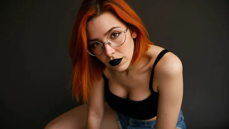 Incredibly realistic photo of a sexy wild girl with orange hair, beautiful eyes, pale skin, with an elegant and sophisticated touch , that matches their mysterious and strong personality . her appearance would be eye-catching , attracting curious and fasci...