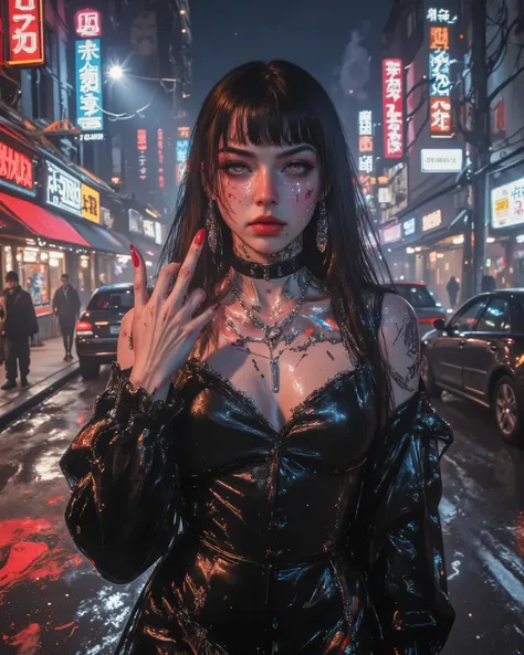 Photorealistic portrait of a girl in dark and dangerous world, inspired by a Gothic picture book. The environment has a cyberpunk aesthetic, with streets illuminated by broken neons, fog and distorted architecture. The girl wears a one-piece genuine leathe...