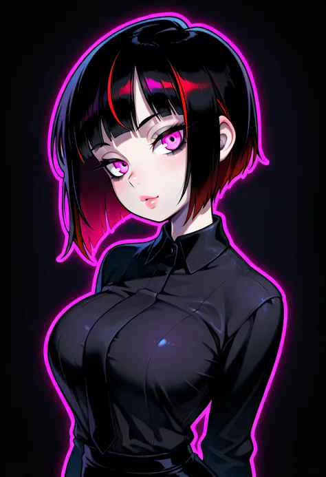 Masterpiece, Best Quality, Great Quality, Black Background, Colorful, Lively, Shining Contours, Neon, Negative, Viewers, Skin Texture Details, Volumetric Shadows, Skinny, 1 Girl, Goth Girl, Large Breasts, Shiny Black Hair, Dark Red Highlights In Hair, Shor...