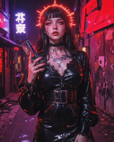 Photorealistic portrait of a young woman in a dystopian environment, where darkness and danger are intertwined with a futuristic aesthetic. The scene takes place in a ruinous urban landscape, illuminated by neon lights in shades of red and purple, reflecti...