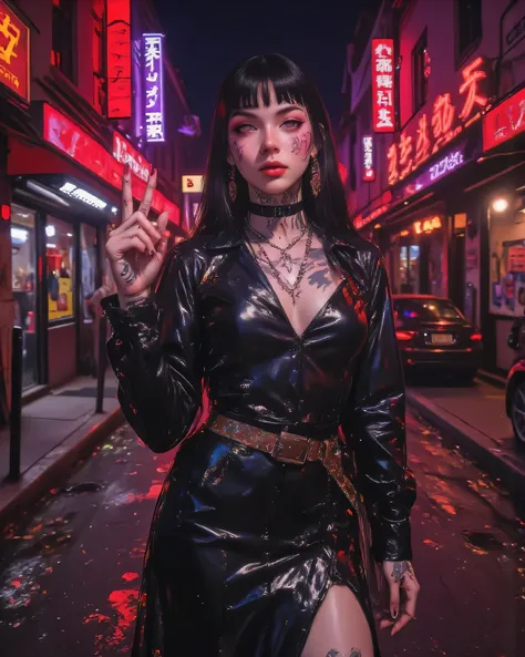 Photorealistic portrait of a young woman in a dystopian and gloomy world, merging the Gothic aesthetic with cyberpunk. The scene takes place in a decrepit urban landscape, with streets illuminated by neons in shades of red and purple, creating a decadent a...