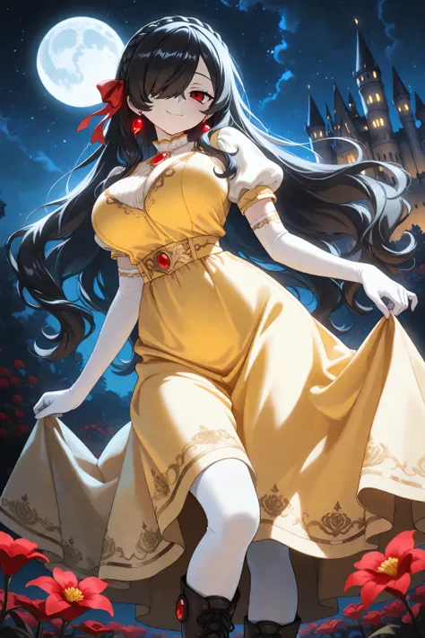 1girl, Kuroki Monika, black hair, very long hair, hair over right eye, red eyes, large breasts, (petite but curvy, very cute), solo, close up, night, castle, flowers, moon, starry night, innocent expression, soft lighting, subtle shadows, youthful appeara...