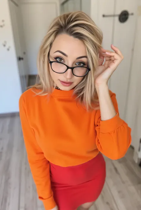 A bimbo egirl woman taking a selfie portrait photo. This is a photograph of a young woman with fair skin, short straight blonde hair cut in a shaggy and layered style, giving her a natural and messy look. Perfect round breasts, very slim waist, thick thigh...