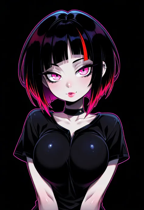 Masterpiece, Best Quality, Great Quality, Black Background, Colorful, Lively, Shining Contours, Neon, Negative, Viewers, Skin Texture Details, Volumetric Shadows, Skinny, 1 Girl, Goth Girl, Large Breasts, Shiny Black Hair, Dark Red Highlights In Hair, Shor...
