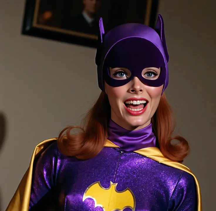 Masterpiece, Award Winning, High Quality, 35mm camera, in focus, artgerm, solo, smiling at the camera, big bright happy smiles for the camera, wearing retro Batgirl purple costume with long sleeves, big breast, retro long red hair, makeup, red lipstick, pu...