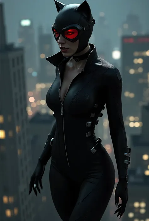 a woman with dressed as catwoman in a black catsuit, tainted red googles on the head, is standing on top of a building by night. A light with the batman sign is projected in the sky  