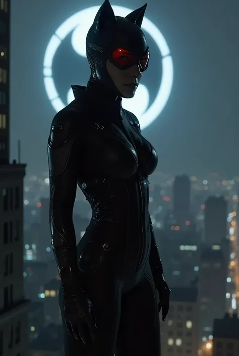 a woman with dressed as catwoman in a black catsuit, tainted red googles on the head, is standing on top of a building by night. A light with the batman sign is projected in the sky  