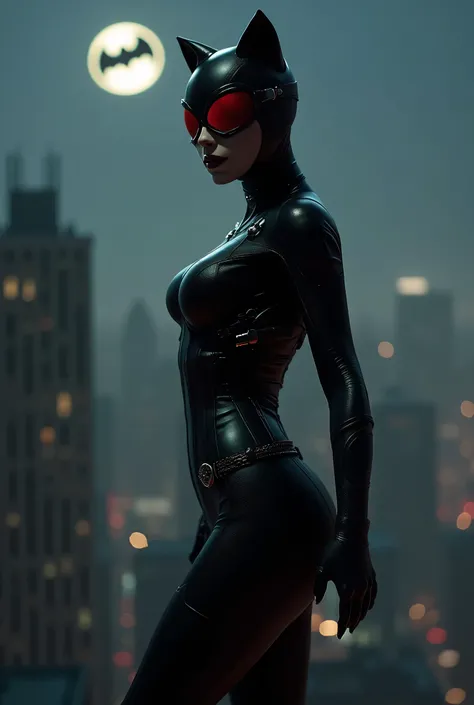 a woman with dressed as catwoman in a black catsuit, tainted red googles on the head, is standing on top of a building by night. A light with the batman sign is projected in the sky  
