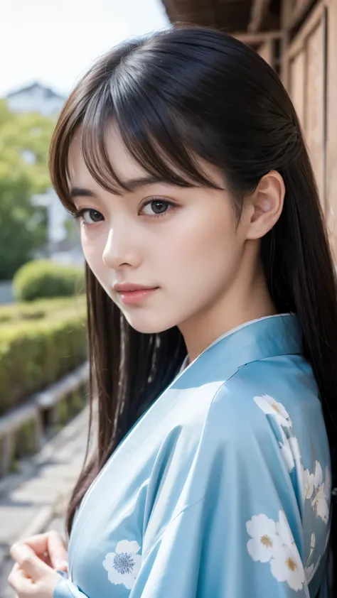 Kyoto back alley background、wearing a kimono、18 Year Old Girl、standalone、facing the front、light eye makeup、 long black hair、 flat at honny 、hair swings in the wind、Quality of actress、sparkle,   ultra real face 、Smileの表情、moist eyes、Look up 、  Subdued Lighti...
