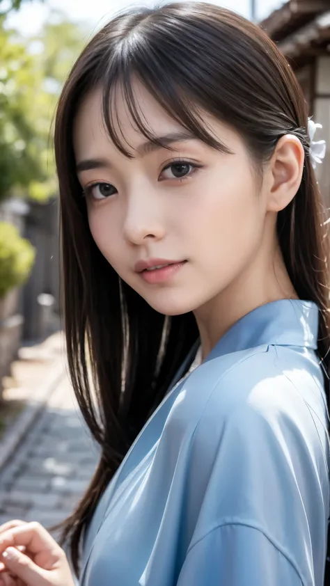 Kyoto back alley background、wearing a kimono、18 Year Old Girl、standalone、facing the front、light eye makeup、 long black hair、 flat at honny 、hair swings in the wind、Quality of actress、sparkle,   ultra real face 、Smileの表情、moist eyes、Look up 、  Subdued Lighti...