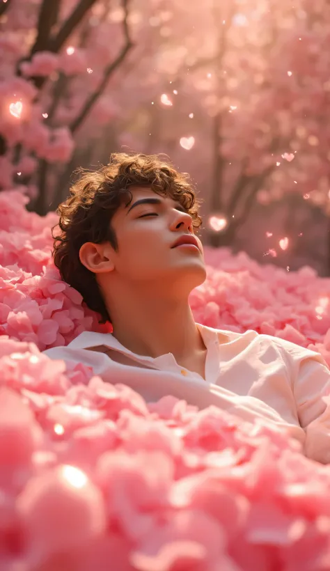 "A handsome young man with curly dark hair, lying peacefully on a soft bed of glowing pink cherry blossom petals, wearing a slightly unbuttoned white shirt. His expression is serene, eyes closed in bliss, basking in warm dappled sunlight filtering through ...