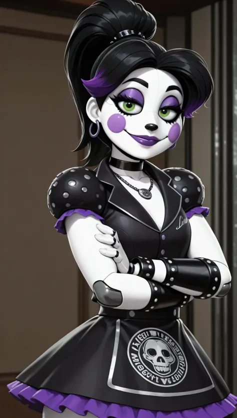 1 girl, pixar style, stop motion character, looking at the viewer, side view, very beautiful, perfect, black dress, beautiful woman, gorgeous woman, very pretty, seen from profile, a beautiful porcelain robot girl, big eyes with big black eyeliner and big eyelashes, wears slightly understated purple lipstick, black hair with purple earrings and a ponytail hairstyle, purple dress with purple stars, amazing shape, robotic necklace around her neck, black bracelet, purple frilled skirt, green eyes, hair with violet gradient at the tips, dress with black studded shoulder pads, black nose, black makeup, gothic, beautiful robot woman, purple eyeliner, big eyebrows, slim face, black elbow-length gloves, perfect hands, nice body, good anatomy, slightly in profile, beautiful picture, flat colors, black shoulder pads, in a black metal bar, gothic black skirt, robotic hands, robotic joints, studded shoulders, studded bracelets, studded hair clip, details silver, silver trim, strong, wide robotic body, crossed arms, purple cheeks, violet cheeks, adult robot, black waitress shirt, black outfit, upper body, broad shoulders, wide hips, skirt with a skull symbol in the center, Light smile, eyebrows lowered with eyes half closed in a smug gesture, goth woman, luminescence in the dark 