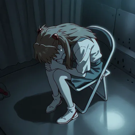 asuka langley from Neon Genesis Evangelion, , sitting slumped in a metal folding chair, head bowed, hands clasped loosely in her lap. she is in a stark, dimly lit room, casting long shadows. her expression is one of profound sadness and despair. Somber atm...