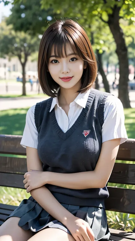 upper body closeup photo anatomically correct 5 fingers beautiful Korean woman in front of the machine (((Bob hair with bangs))) pleated skirt, (((Overhanging big ))), Student uniform, short sleeve shirt (((Sweater Vest))) looking at camera (((In the sh...
